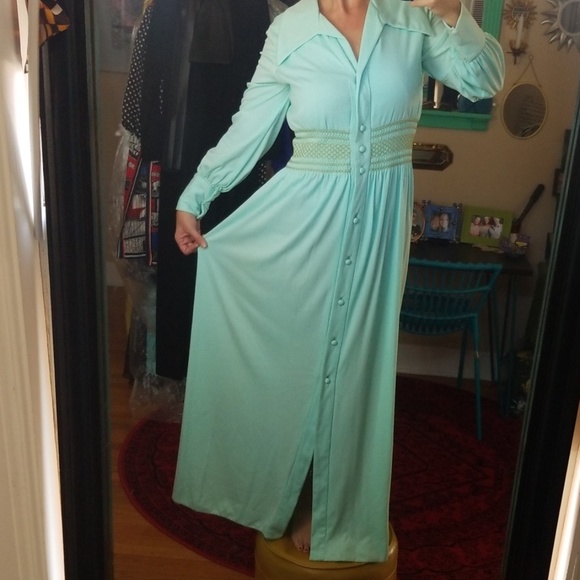 VTG Lillie Rubin Mint Green 70s Boho Maxi Dress - Picture 4 of 8